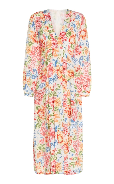 Shop Rixo London Camellia Pleated Floral-print Silk Dress