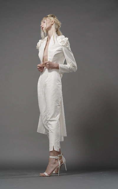 Shop Elizabeth Fillmore Bowie Silk Tail Jacket With Shoulder Embroidery In Ivory