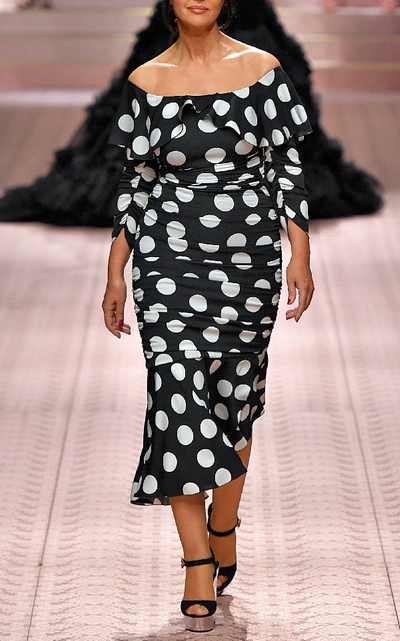 Shop Dolce & Gabbana Off-the-shoulder Polka-dot Charmeuse Dress In Black/white