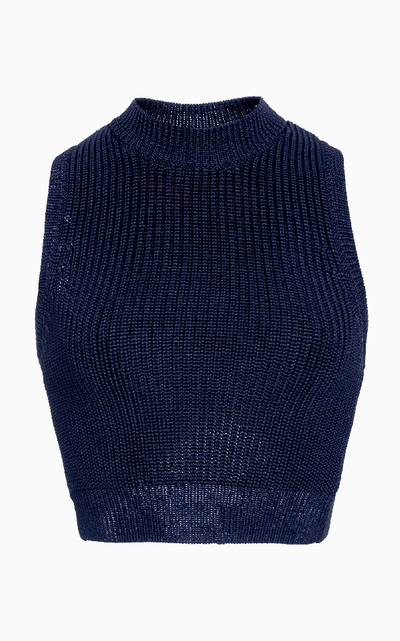 Shop Cushnie Cropped Crochet Knit Top In Navy