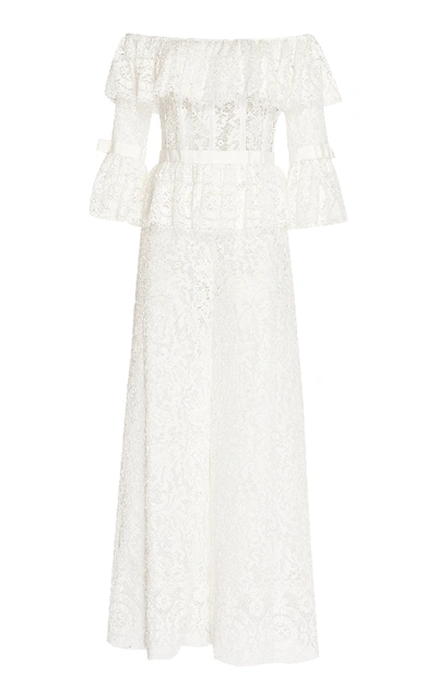 Shop Zuhair Murad Off-the-shoulder Lace Jumpsuit In White