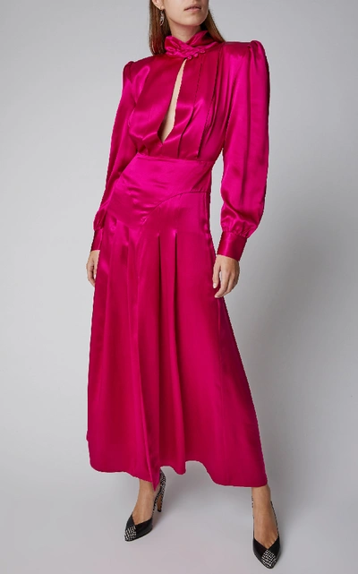 Shop Alessandra Rich Silk Satin High Neck Pleated Dress In Pink