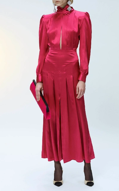 Shop Alessandra Rich Silk Satin High Neck Pleated Dress In Pink
