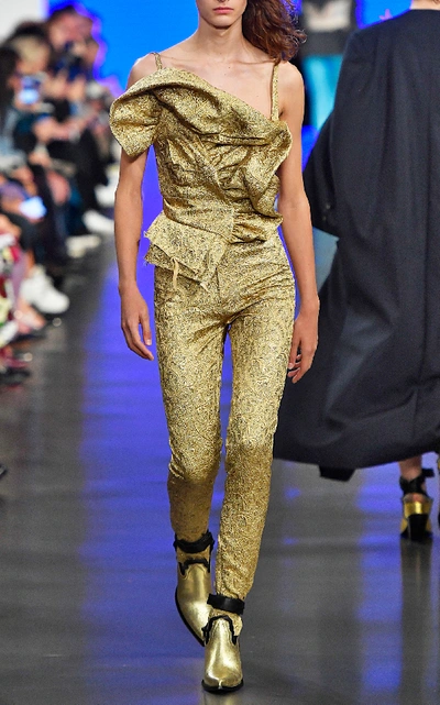 Shop Maison Margiela Skinny Jacquard Cotton-blend Pants In Gold