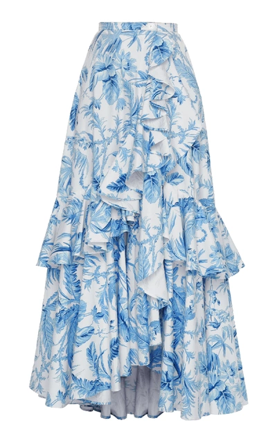 Shop Lena Hoschek Flamenco Ruffled Floral-print Cotton Maxi Skirt