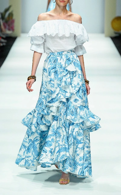 Shop Lena Hoschek Flamenco Ruffled Floral-print Cotton Maxi Skirt