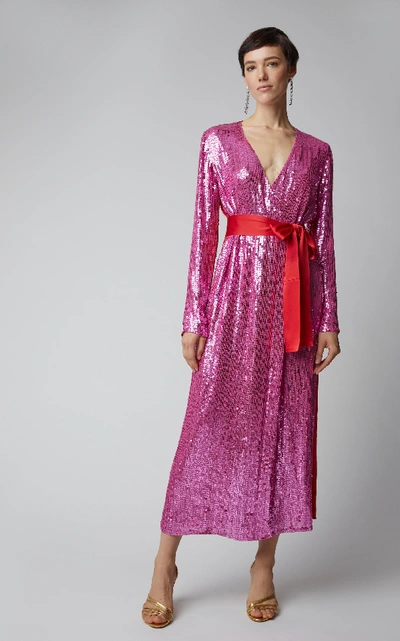 Shop Attico Belted Sequined Satin Midi Dress In Pink