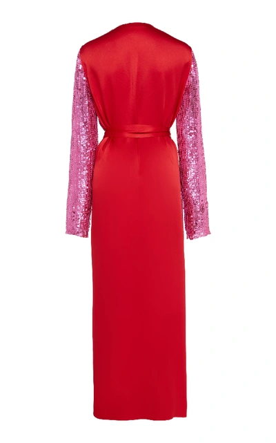 Shop Attico Belted Sequined Satin Midi Dress In Pink