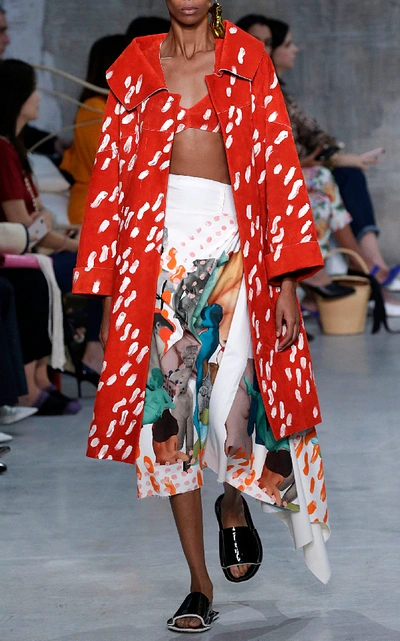 Shop Marni Printed Suede Coat In Red
