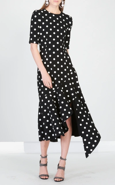 Shop Oscar De La Renta Asymmetric Ruffle Polka Dot Wool-blend Midi Dress In Black/white