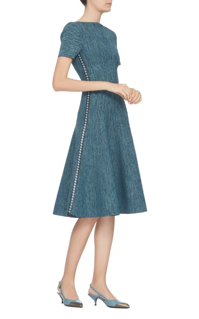 Shop Bottega Veneta Stretch Knit Boatneck Dress With Intreccio Detail In Blue
