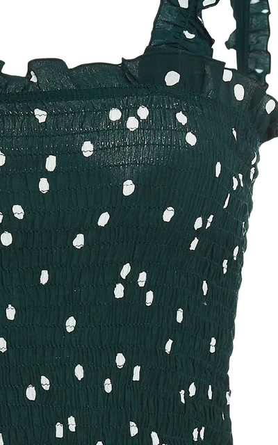 Shop Faithfull Del Mar Smocked Polka-dot Voile Mini Dress In Green