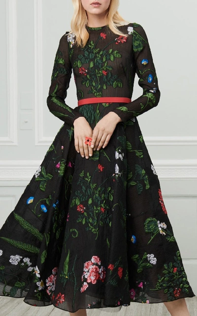 Shop Oscar De La Renta Floral Appliqué Silk-blend Midi Dress