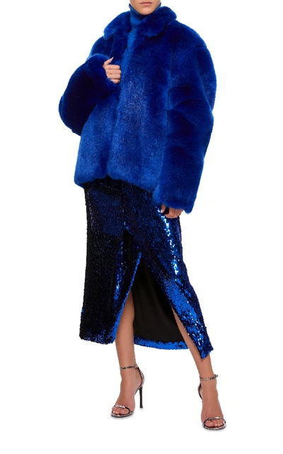 Shop Sally Lapointe Faux Fur Jacket In Blue