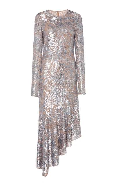 Shop Michael Kors Asymmetric Sequined Midi Dress In Silver