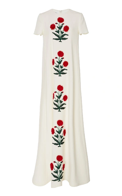Shop Oscar De La Renta Floral-embroidered Wool-blend Maxi Dress In White