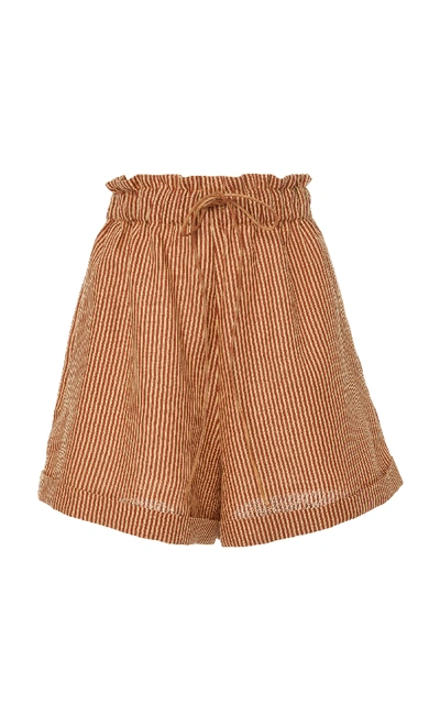 Shop Miguelina Sienna Striped Linen Mini Shorts In Brown