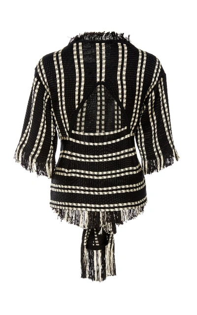 Shop Oscar De La Renta Tie-front Fringed Silk-jacquard Top In Stripe