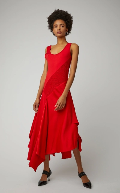 Shop Monse Patchwork Crepe And Satin Midi Dress In Red