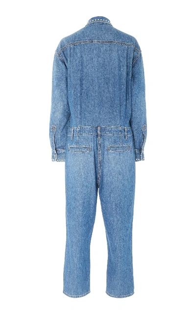 Shop Current Elliott Crew Cropped Studded Denim Jumpsuit In Blue