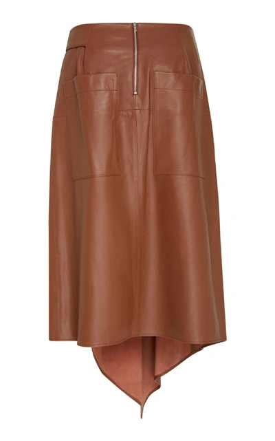 Shop Tibi Draped Asymmetric Leather Midi Skirt In Brown