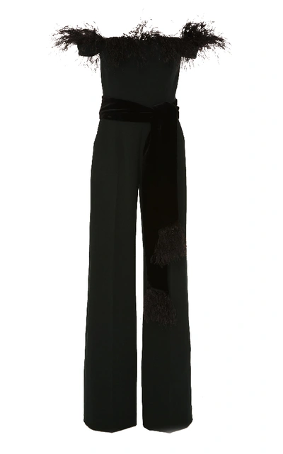 Shop Alexandra Vidal M'o Exclusive Off-the-shoulder Feather-embellished Crepe Jumpsuit In Dark Green