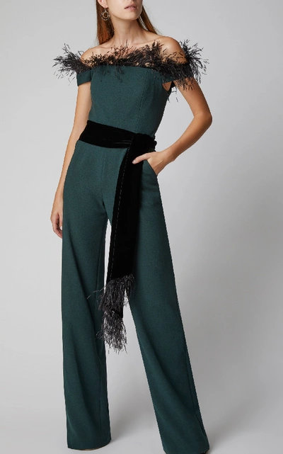 Shop Alexandra Vidal M'o Exclusive Off-the-shoulder Feather-embellished Crepe Jumpsuit In Dark Green