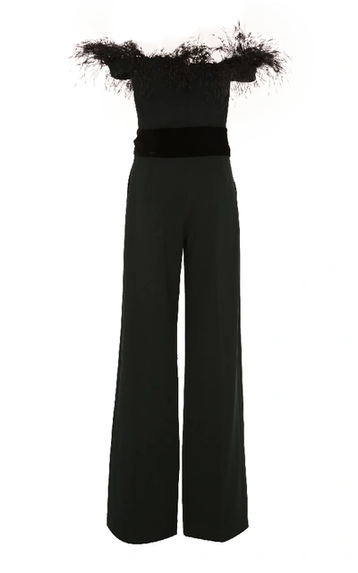 Shop Alexandra Vidal M'o Exclusive Off-the-shoulder Feather-embellished Crepe Jumpsuit In Dark Green