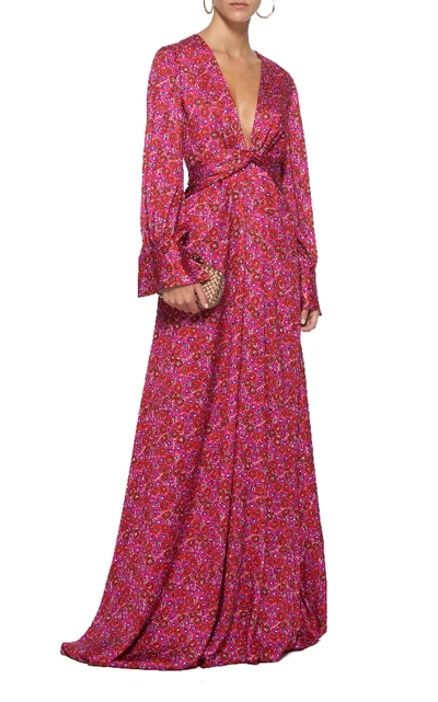 Shop Lela Rose Belted Floral Satin Gown In Pink