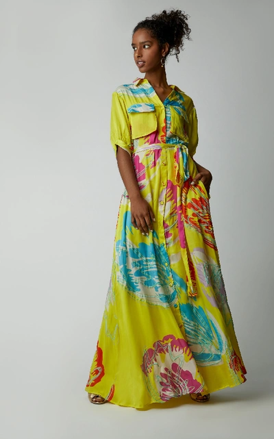 Shop All Things Mochi Prisha Printed Satin Maxi Dress In Yellow