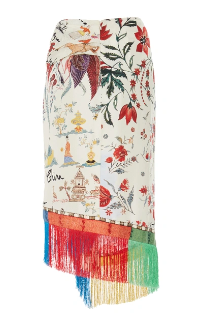 Shop Oscar De La Renta Fringe-trimmed Floral-print Silk Midi Skirt