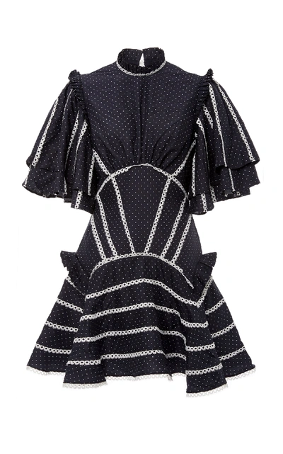 Shop Acler Perry Ruffled Lace-trimmed Poplin Mini Dress In Navy