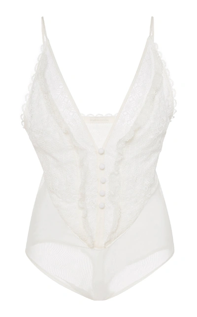 Shop Jonathan Simkhai Cotton-blend Lace Bodysuit In White