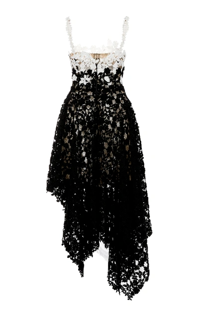 Shop Oscar De La Renta Asymmetric Dégradé Guipure Lace Midi Dress In Black/white