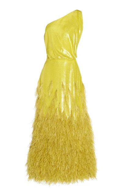 Shop Rochas Onward One-shoulder Feather-embellished Lamé Midi Dress In Yellow