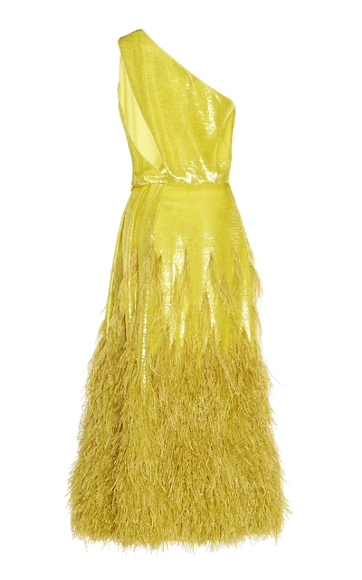 Shop Rochas Onward One-shoulder Feather-embellished Lamé Midi Dress In Yellow