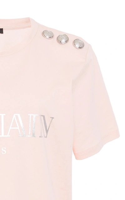 Shop Balmain Button-embellished Printed Cotton-jersey T-shirt In Pink