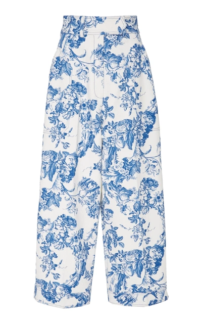 Shop Oscar De La Renta Wide-leg Cropped Floral Stretch-cotton Trousers