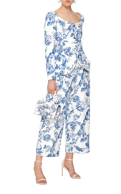 Shop Oscar De La Renta Wide-leg Cropped Floral Stretch-cotton Trousers