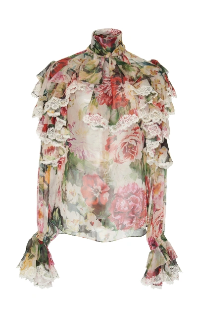 Shop Dolce & Gabbana Ruffled Lace-trimmed Floral Silk-georgette Blouse