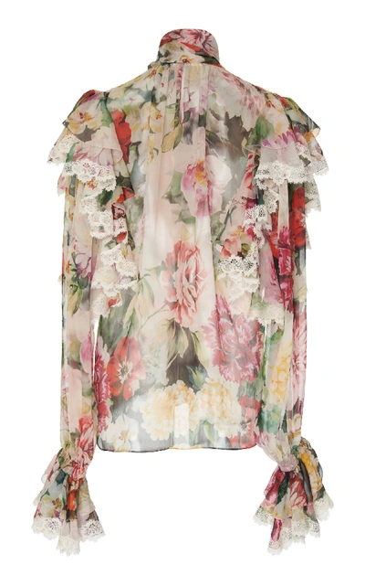 Shop Dolce & Gabbana Ruffled Lace-trimmed Floral Silk-georgette Blouse