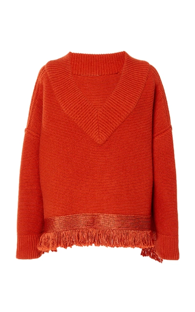 Shop Oscar De La Renta Fringe-trimmed Cotton-blend Sweater In Orange