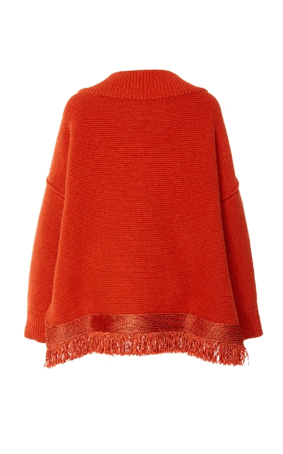 Shop Oscar De La Renta Fringe-trimmed Cotton-blend Sweater In Orange