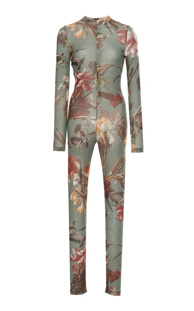 Shop Off-white Flora-print Fitted Jump Suit In Green