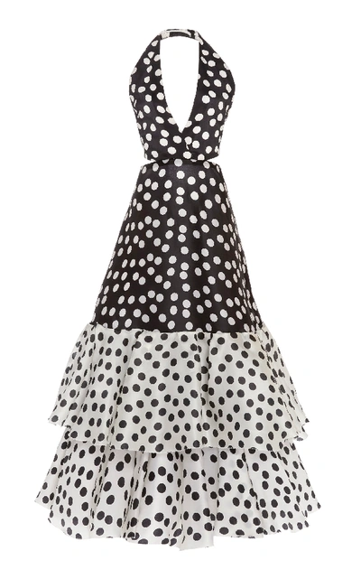 Shop Carolina Herrera Polka-dot Silk Halter Gown In Black/white