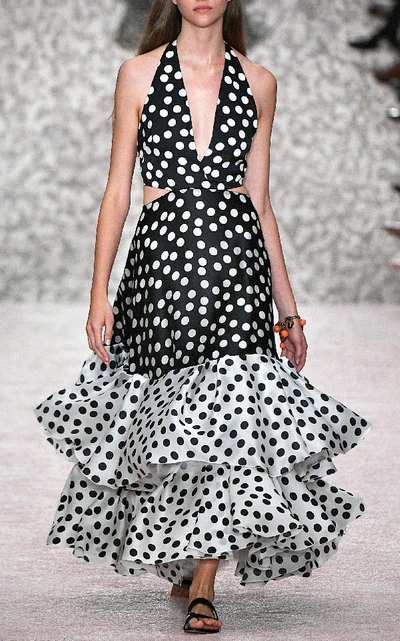Shop Carolina Herrera Polka-dot Silk Halter Gown In Black/white