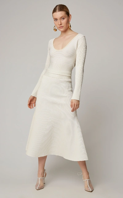 Shop Tibi Ribbed-knit Midi Skirt  In White