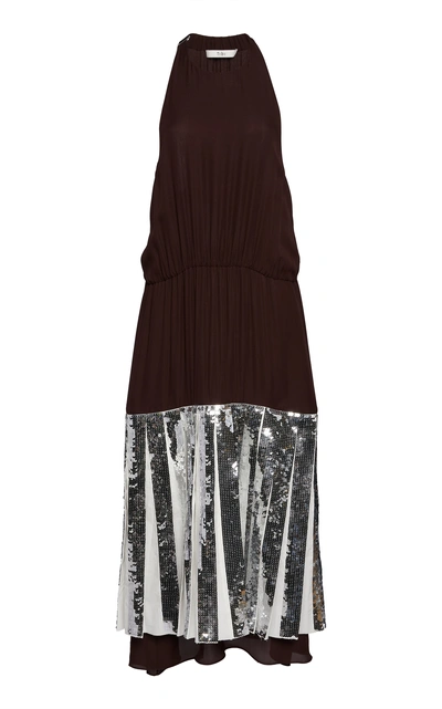 Shop Tibi Claude Sequined Silk Halter Dress In Brown