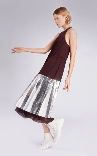 Shop Tibi Claude Sequined Silk Halter Dress In Brown