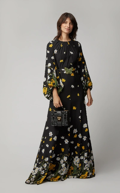 Shop Andrew Gn Crystal-embellished Floral-print Silk Gown In Black